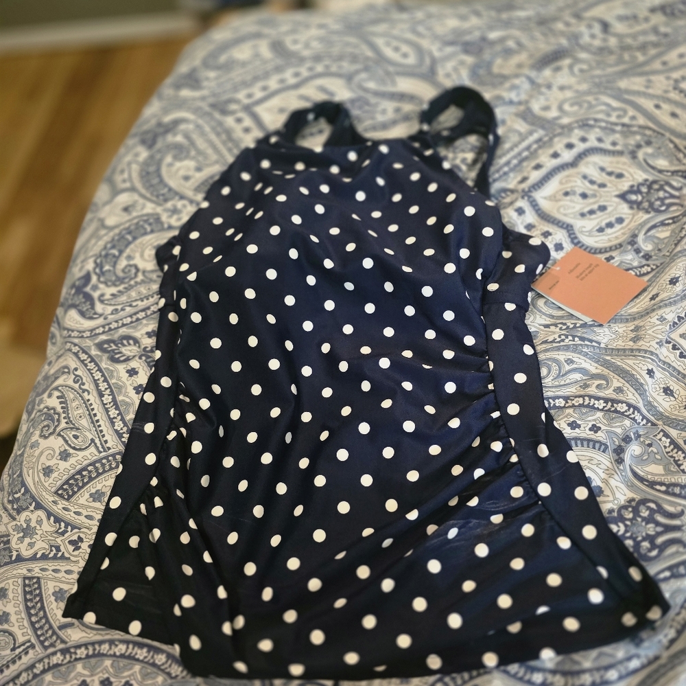 Shade & Shore Navy Blue and White Polka Dot Swimdress